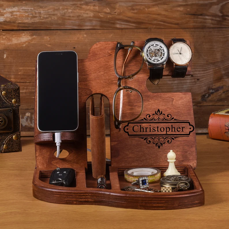 Personalized Wood Docking Station: Engraved Desk Organizer, Phone Stand