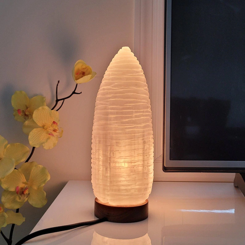 Selenite Lamp, Snow Cone Shape, Moroccan Selenite Crystals, Real Wood Base