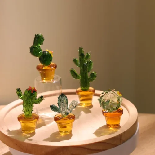Glass Cactus Figurine, Hand Blown Plant, Handmade Glass Potted Plants, Mini Glass Succulent