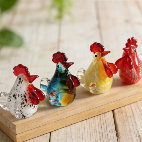 set of 4 Colored glass rooster figurine, glass animal sculpture, handcrafted